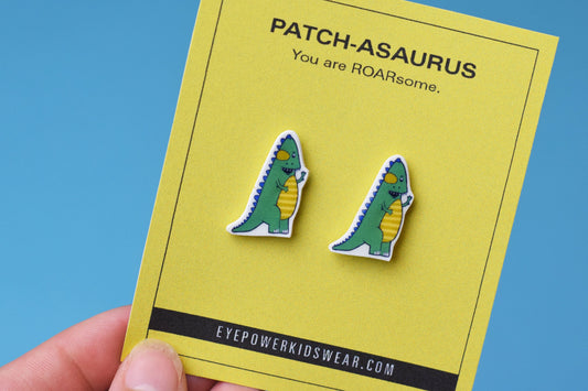 Patch-asaurus earrings, Pin, Brooch, Optometry Gift, Optometrist, Eye Dr Gift, Eye, Doctor, Kids Eye patch